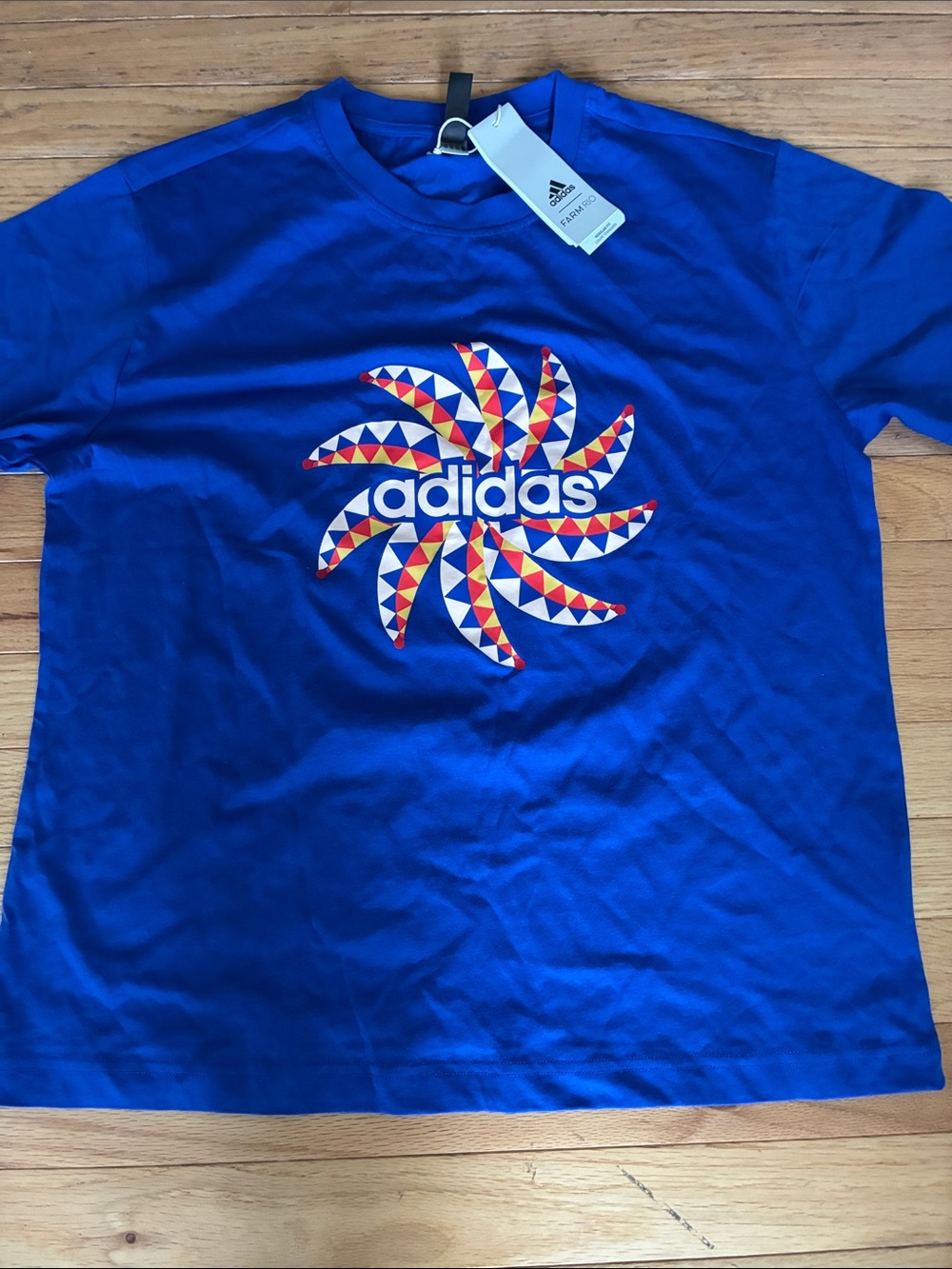 farm Rio /adidas Royal Blue Tee with Multicolor Geometric Logo